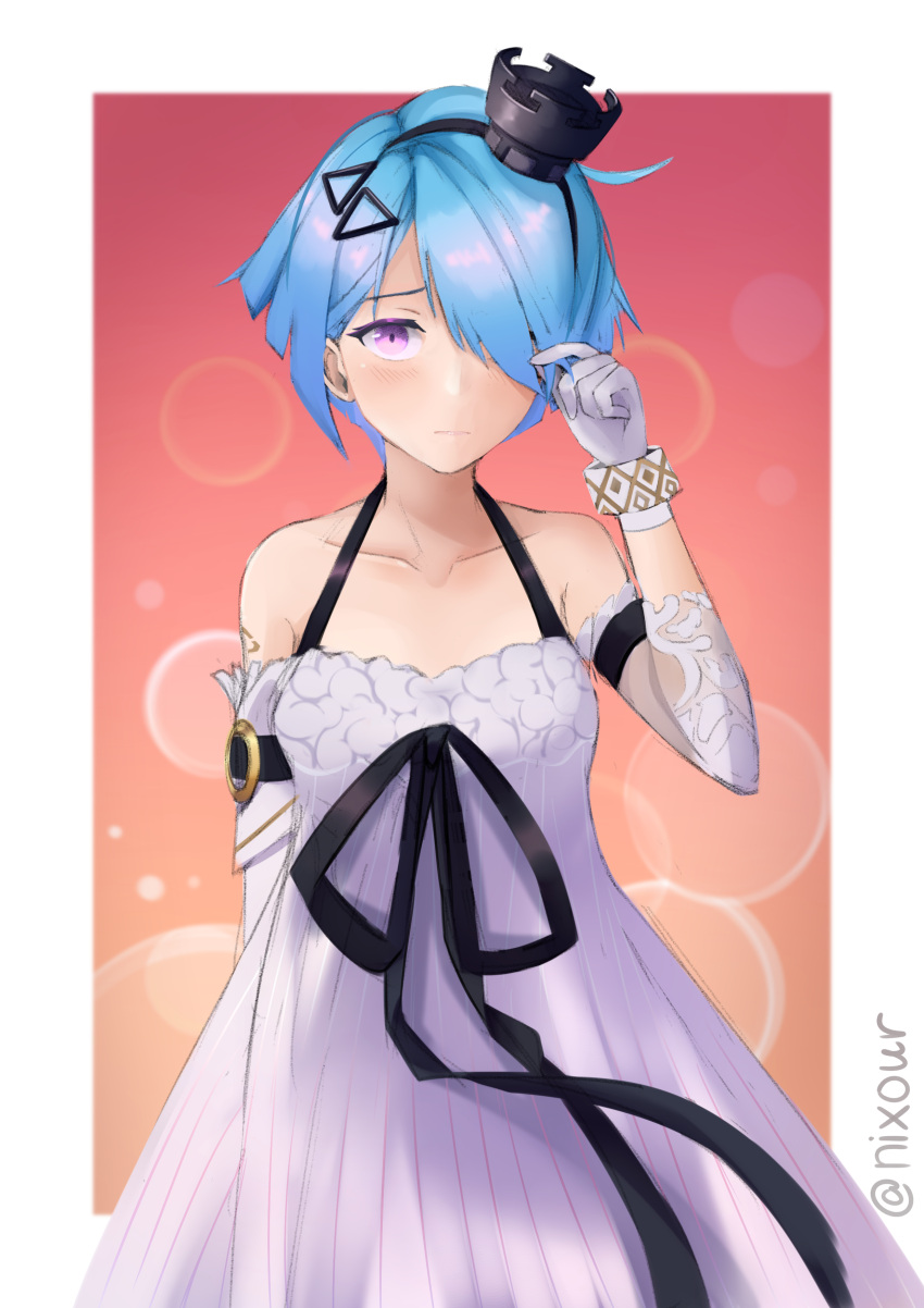1girl absurdres ahoge alternate_eye_color arm_strap bangs bare_shoulders blue_hair blush closed_mouth collarbone dress elbow_gloves embarrassed girls_frontline gloves hair_ornament hair_over_one_eye hair_twirling hairband hairclip highres looking_at_viewer nixour short_hair twitter_username violet_eyes white_dress zas_m21_(girls_frontline)