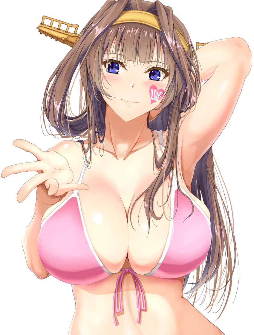 1girl ahoge armpits arms_behind_head bikini blue_eyes blush breasts brown_hair cleavage closed_mouth commentary_request hairband hamaguri_(hamaguri1234) headgear heart highres kantai_collection kongou_(kantai_collection) large_breasts long_hair looking_at_viewer pink_bikini remodel_(kantai_collection) side-tie_bikini smile solo swimsuit