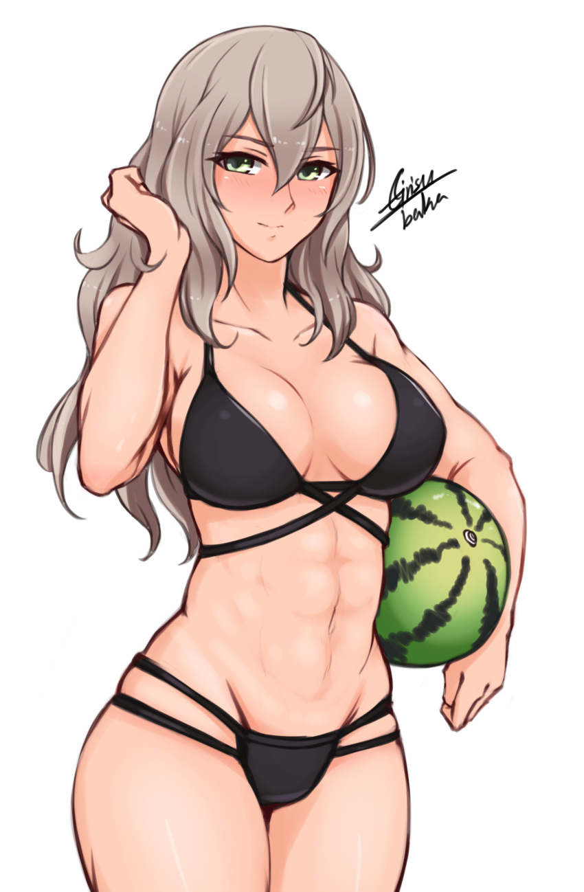 1girl abs airisubaka alternate_hairstyle bikini black_bikini blush breasts elfi_(fire_emblem_if) fire_emblem fire_emblem_if food fruit green_eyes grey_hair highres large_breasts long_hair looking_at_viewer midriff signature simple_background smile solo standing swimsuit watermelon white_background