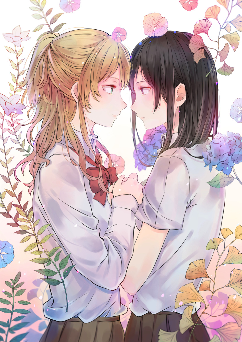 2girls absurdres aihara_mei aihara_yuzu black_hair blonde_hair bow bowtie brown_eyes brown_skirt citrus_(saburouta) eye_contact flower from_side green_eyes hand_holding highres incest long_hair looking_at_another multiple_girls pleated_skirt red_bow red_neckwear school_uniform shirt short_hair skirt tied_hair uniform white_shirt