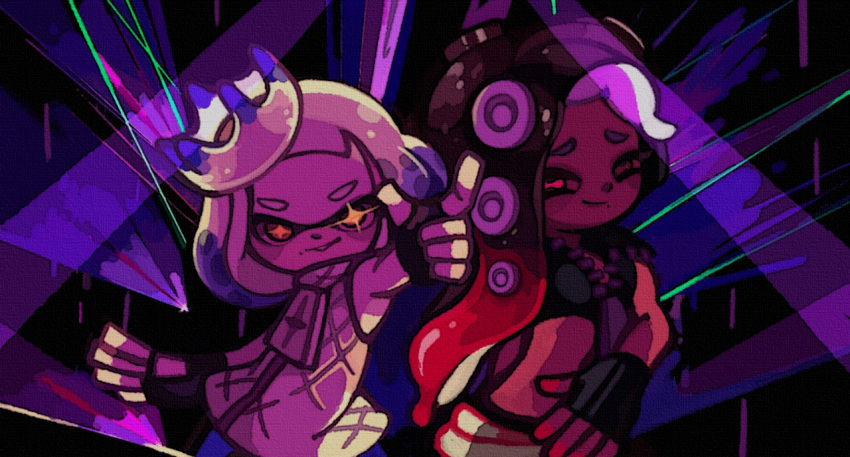 +_+ 2girls bangs bare_shoulders black_gloves black_hair black_shirt blue_hair blunt_bangs closed_mouth crop_top dark_skin dress eyebrows fingerless_gloves furrowed_eyebrows gloves hime_(splatoon) horizontal_pupils iida_(splatoon) long_hair looking_at_viewer mole mole_under_mouth multicolored_hair multiple_girls octarian orange_eyes orange_pupils red_pupils redhead shirt short_hair sleeveless sleeveless_dress sleeveless_shirt smile splatoon splatoon_2 suction_cups symbol-shaped_pupils tentacle_hair two-tone_hair unzipped v-shaped_eyebrows white_dress white_hair yukino_super zipper zipper_pull_tab