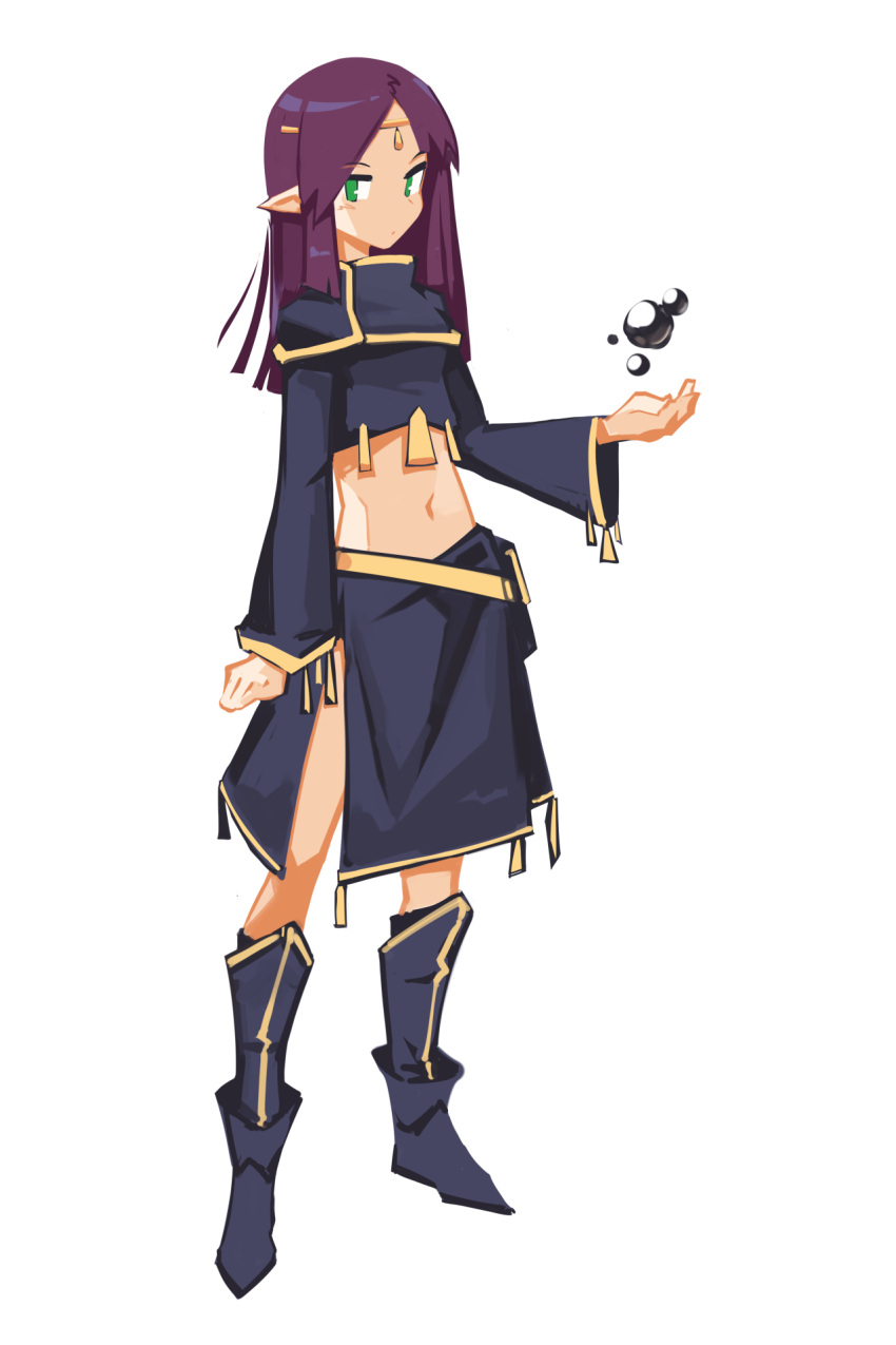 1girl blue_footwear boots bubble deel_(rkeg) elf green_eyes highres long_hair looking_at_viewer magic midriff navel original pointy_ears purple_hair solo