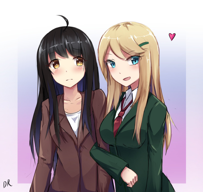 2girls ahoge black_hair blazer blonde_hair blue_background blue_eyes blush brown_eyes danraz0r detached_sleeves heart highres jacket locked_arms long_hair multiple_girls necktie original outside_border school_uniform white_border