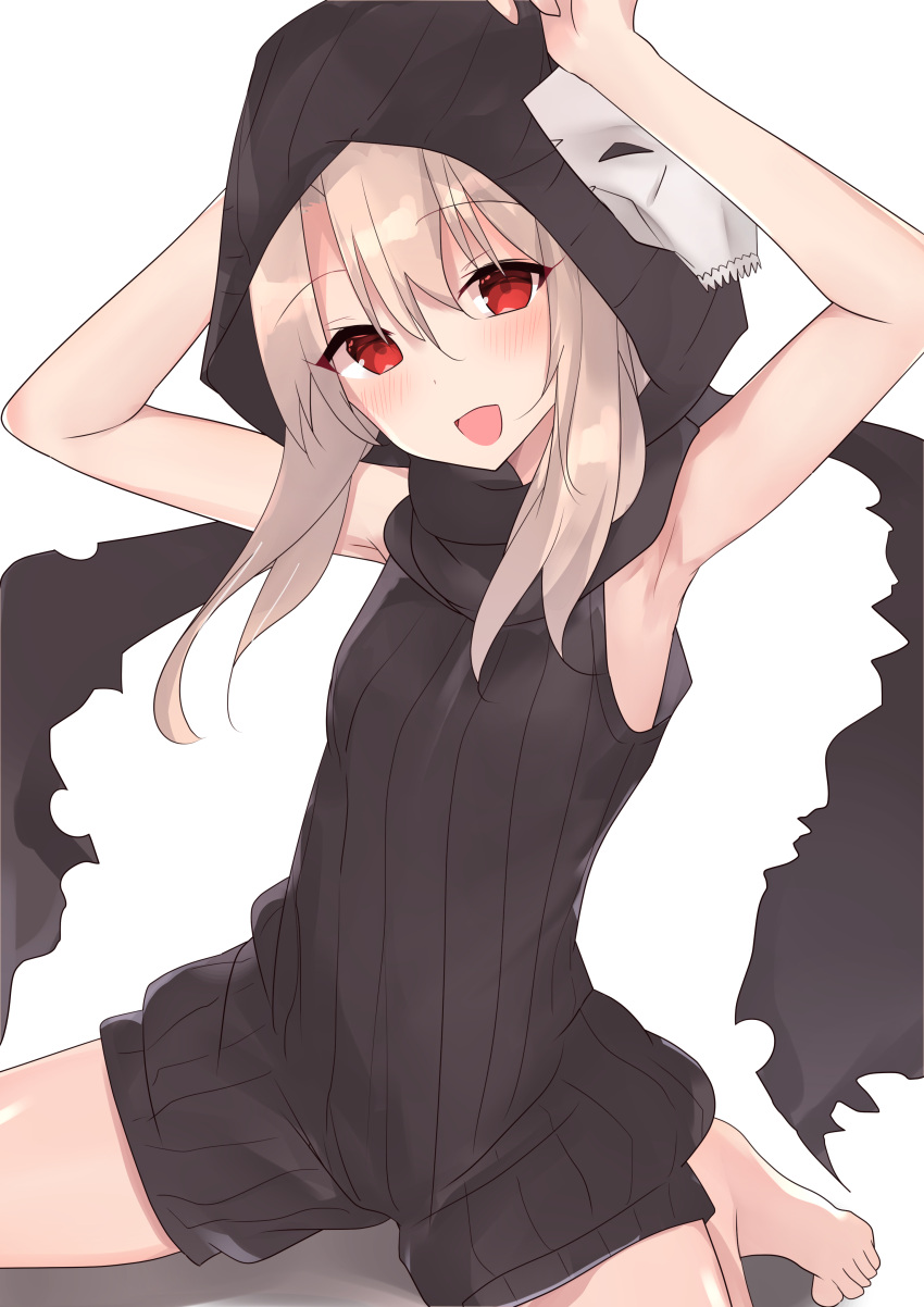 1girl :d absurdres armpits arms_up assassin_(fate/zero) assassin_(fate/zero)_(cosplay) bangs bare_arms bare_shoulders barefoot black_jumpsuit black_scarf blush breasts commentary_request cosplay eyebrows_visible_through_hair fate/kaleid_liner_prisma_illya fate_(series) feet head_tilt highres hood hood_up illyasviel_von_einzbern light_brown_hair long_hair looking_at_viewer mask mask_on_head natsu_(sinker8c) open_mouth red_eyes revision scarf shadow short_jumpsuit sitting skull_mask sleeveless small_breasts smile solo spread_legs thighs torn_scarf wariza white_background