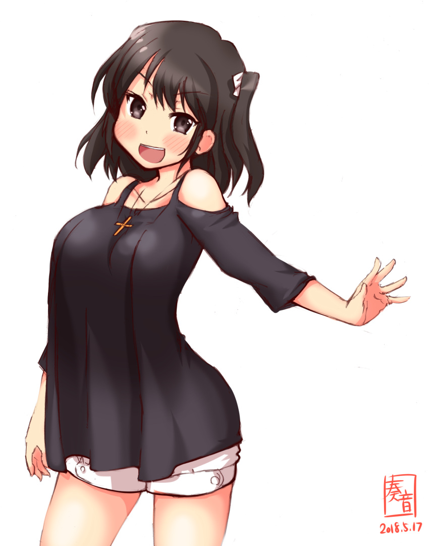 1girl alternate_costume artist_logo black_blouse black_hair blouse breasts brown_eyes casual collarbone contrapposto cross dated highres jewelry kanon_(kurogane_knights) kantai_collection large_breasts looking_at_viewer necklace off_shoulder open_mouth sendai_(kantai_collection) short_hair shorts simple_background smile solo standing two_side_up upper_teeth white_background white_shorts