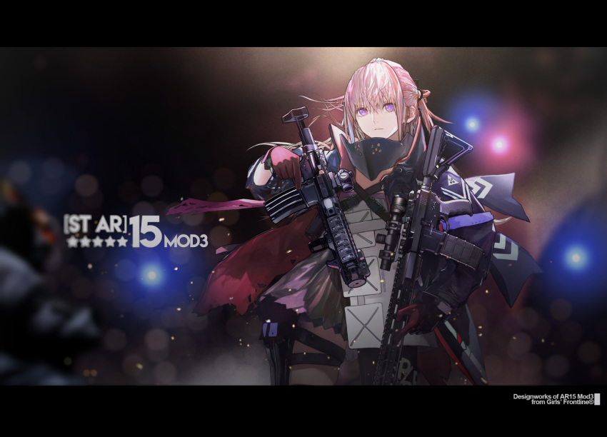 1girl ar-15 armband armor assault_rifle bangs blue_eyes blue_hair blurry blurry_background blush bokeh character_name closed_mouth coat depth_of_field digi-mind_update_(girls_frontline) dress dual_wielding floating_hair gas_mask girls_frontline gloves gun hair_between_eyes hair_ornament highres holding holding_gun holding_weapon holster jacket letterboxed light_particles lights lin+ long_hair looking_at_viewer magazine_(weapon) multicolored_hair official_art open_clothes open_coat parted_lips pink_hair ponytail rifle scarf scope sidelocks signature skindentation solo st_ar-15_(girls_frontline) strap streaked_hair thigh-highs thigh_holster thigh_strap torn_jacket trigger_discipline weapon wind wind_lift