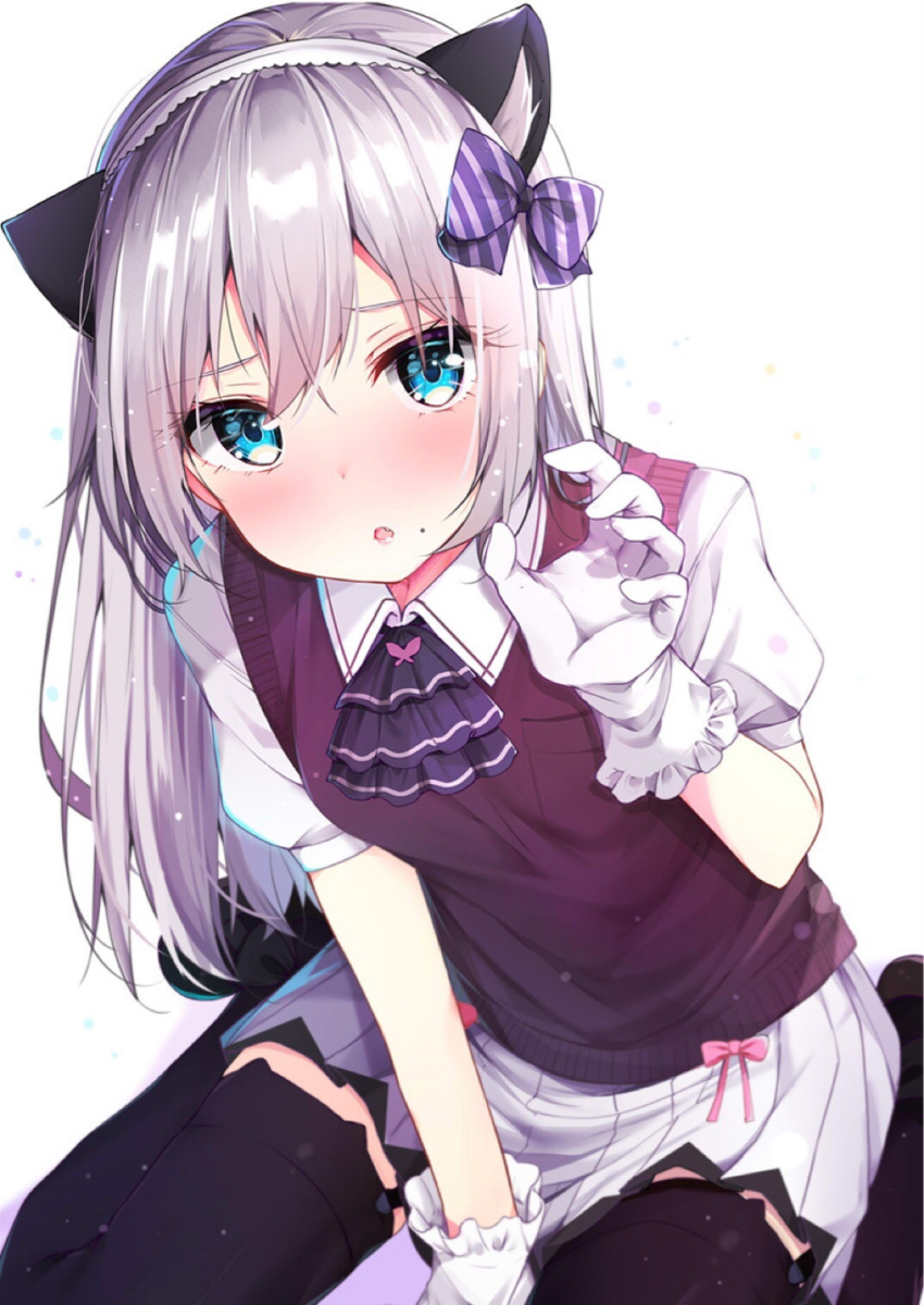 1girl :o animal_ears bangs between_legs black_footwear black_legwear blue_eyes blush bow cat_ears collared_shirt commentary_request diagonal_stripes eyebrows_visible_through_hair fang gloves hair_between_eyes hair_bow hand_between_legs hand_up highres long_hair mole mole_under_mouth nose_blush original parted_lips pleated_skirt puffy_short_sleeves puffy_sleeves purple_bow rouka_(akatyann) shirt shoes short_sleeves silver_hair sitting skirt solo striped striped_bow sweater_vest thigh-highs very_long_hair wariza white_background white_gloves white_shirt white_skirt