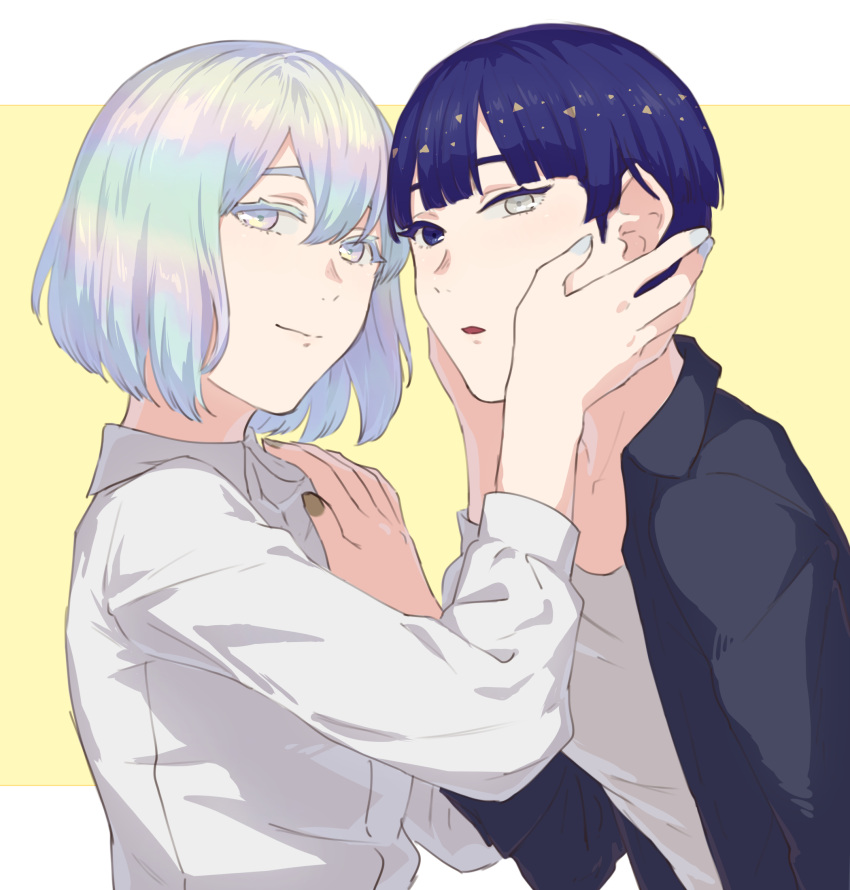 2others alternate_costume androgynous artist_request bangs blue_eyes blue_hair blunt_bangs casual colored_eyelashes contemporary diamond_(houseki_no_kuni) face-to-face hand_on_another's_face hand_on_another's_shoulder heterochromia highres houseki_no_kuni looking_at_viewer multicolored multicolored_eyes multicolored_hair nail_polish phosphophyllite phosphophyllite_(ll) rainbow_eyes rainbow_hair shirt short_hair smile spoilers upper_body white_eyes