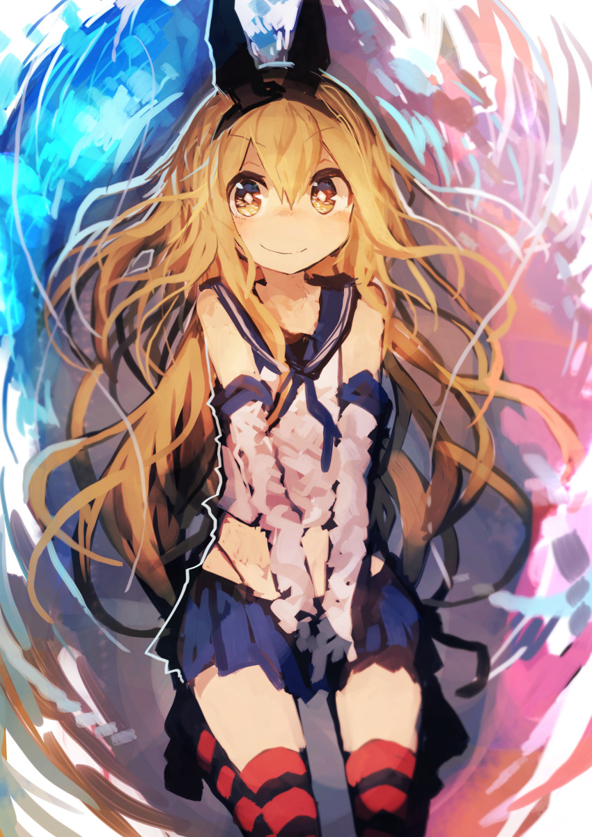 1girl absurdres black_panties blonde_hair blush crop_top dress elbow_gloves gloves hairband highleg highleg_panties highres horizontal-striped_legwear horizontal_stripes kaamin_(mariarose753) kantai_collection long_hair looking_at_viewer microskirt midriff miniskirt navel panties sailor_collar sailor_dress school_uniform serafuku shimakaze_(kantai_collection) skirt sleeveless smile solo striped underwear yellow_eyes