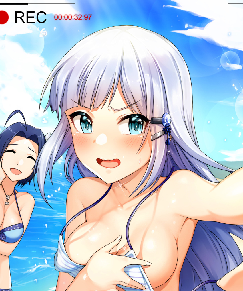 2girls ahoge bangs bare_shoulders bikini blue_bikini blue_eyes blue_hair blue_sky blush breast_hold breasts cleavage closed_eyes collarbone hair_ornament hairclip highres idolmaster idolmaster_(classic) idolmaster_million_live! idolmaster_million_live!_theater_days jai_(whany1998) jewelry long_hair looking_at_viewer medium_breasts miura_azusa multiple_girls necklace ocean open_mouth outstretched_arm parted_bangs recording shiraishi_tsumugi short_hair silver_hair sky smile striped striped_bikini sunlight swimsuit white_bikini