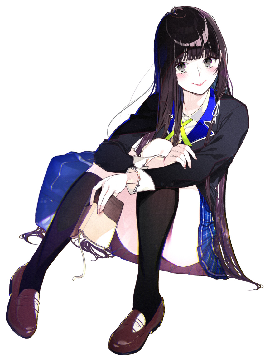 1girl ass bag bangs black_hair blunt_bangs blush book grey_eyes highres kayahara loafers long_hair looking_at_viewer original pale_skin pleated_skirt school_bag school_uniform shoes sitting skirt smile solo thigh-highs