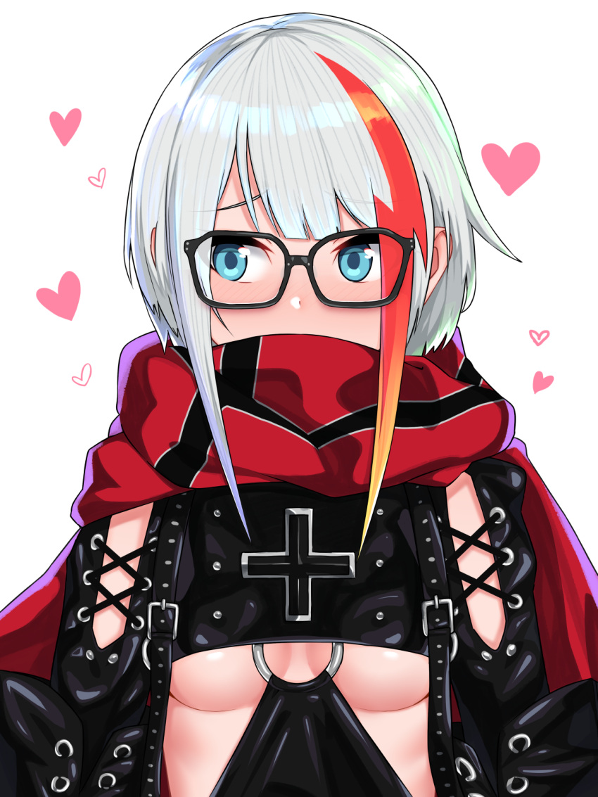 1girl admiral_graf_spee_(azur_lane) azur_lane bespectacled black-framed_eyewear black_gloves blue_eyes blush breasts cape covered_mouth cross embarrassed eyebrows_visible_through_hair eyes_visible_through_hair glasses gloves heart highres long_sleeves looking_at_viewer looking_away medium_breasts multicolored_hair nezuko nose_blush o-ring red_cape scarf scarf_over_mouth sidelocks silver_hair simple_background solo streaked_hair under_boob upper_body white_background