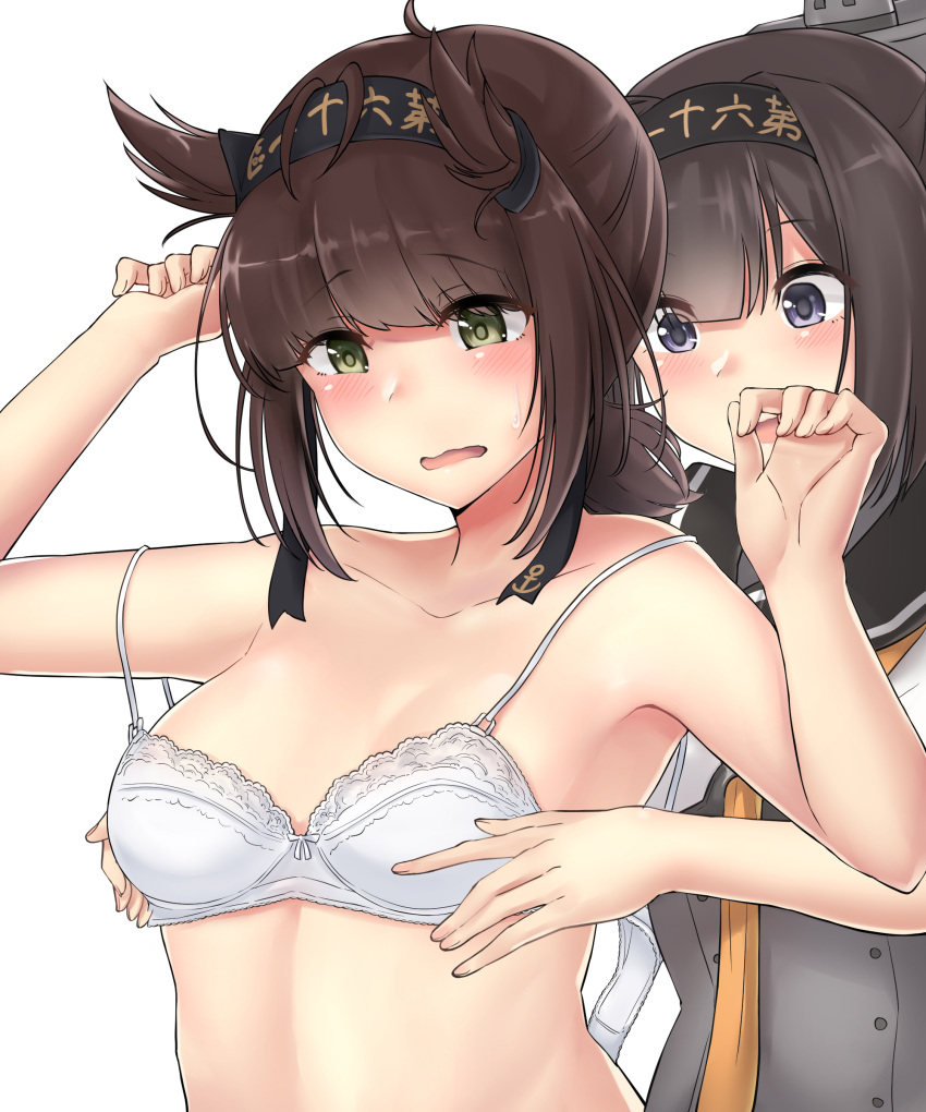 2girls absurdres akizuki_(kantai_collection) armpits arms_up black_hair blush bra breast_grab breasts brown_hair embarrassed grabbing grey_eyes hachimaki hair_flaps hairband hatsuzuki_(kantai_collection) headband highres kantai_collection kiritto looking_down multiple_girls open_mouth ponytail school_uniform short_hair small_breasts sparkle sparkling_eyes underwear undressing wavy_mouth white_background yellow_eyes yuri