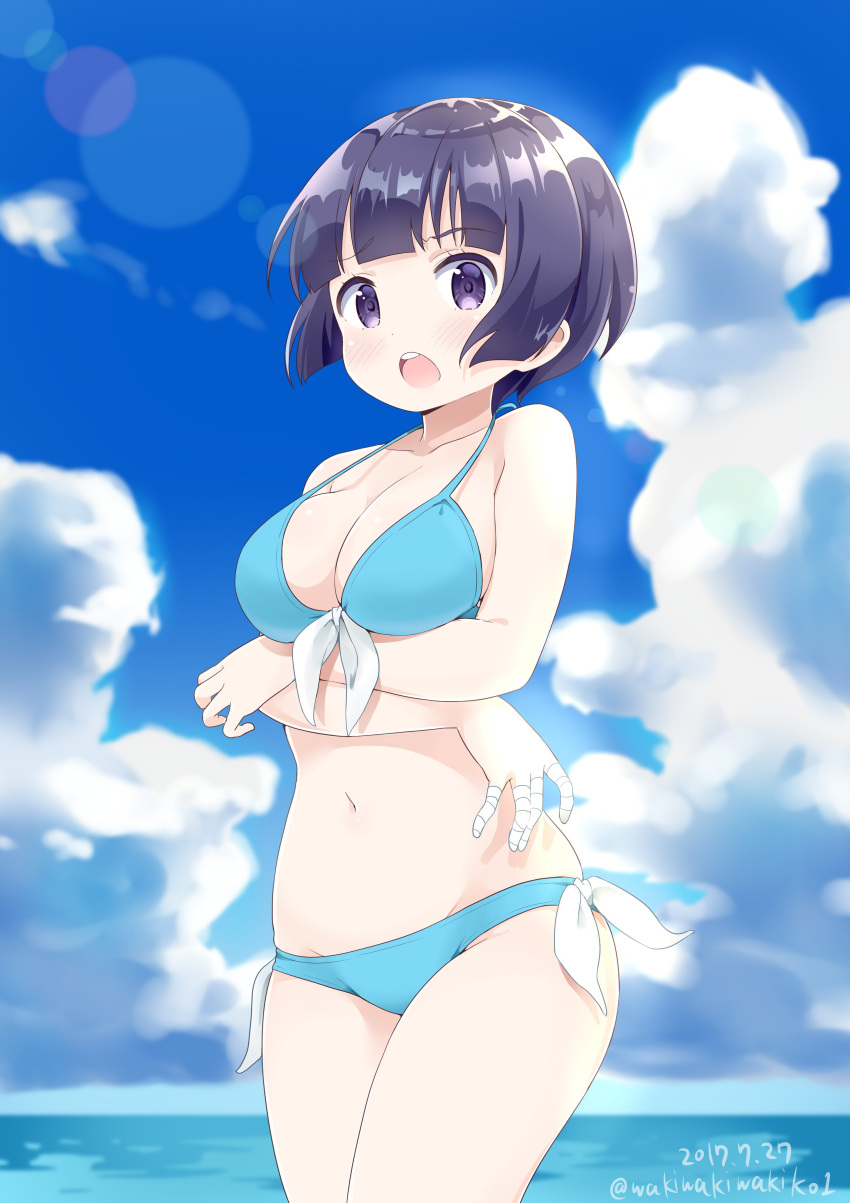 1girl absurdres bandage bandaged_fingers bangs bare_legs bare_shoulders bikini blue_bikini blue_sky blurry blurry_background blush breast_hold breasts cleavage clouds collarbone dated day depth_of_field eromanga_sensei eyebrows_visible_through_hair front-tie_bikini front-tie_top groin highres horizontal_stripes lens_flare long_hair medium_breasts navel neki_(wakiko) ocean open_mouth outdoors purple_hair round_teeth senju_muramasa short_hair side-tie_bikini sky solo striped swimsuit teeth twitter_username upper_teeth violet_eyes water