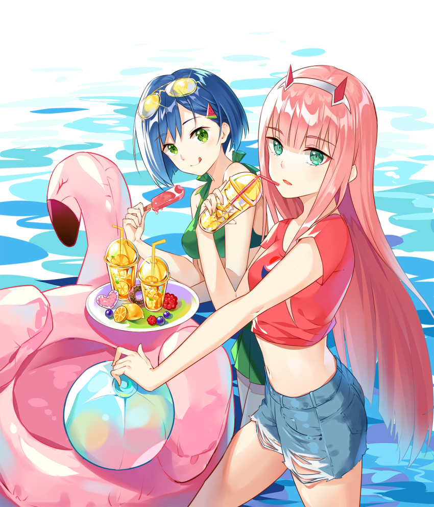 2girls :d aviator_sunglasses bangs bare_shoulders bikini_top blue_hair blush breasts crop_top cup darling_in_the_franxx denim denim_shorts eating eyebrows_visible_through_hair floatation_devices food fruit green_skirt hair_ornament highres holding holding_cup holding_object ichigo_(darling_in_the_franxx) in_water licking_lips long_hair looking_at_viewer midriff multiple_girls navel open_mouth plate popsicle redhead short_hair shorts skirt small_breasts smile sunglasses thighs tongue tongue_out torn_clothes torn_shorts watermelon xingxiang_senlin zero_two_(darling_in_the_franxx)