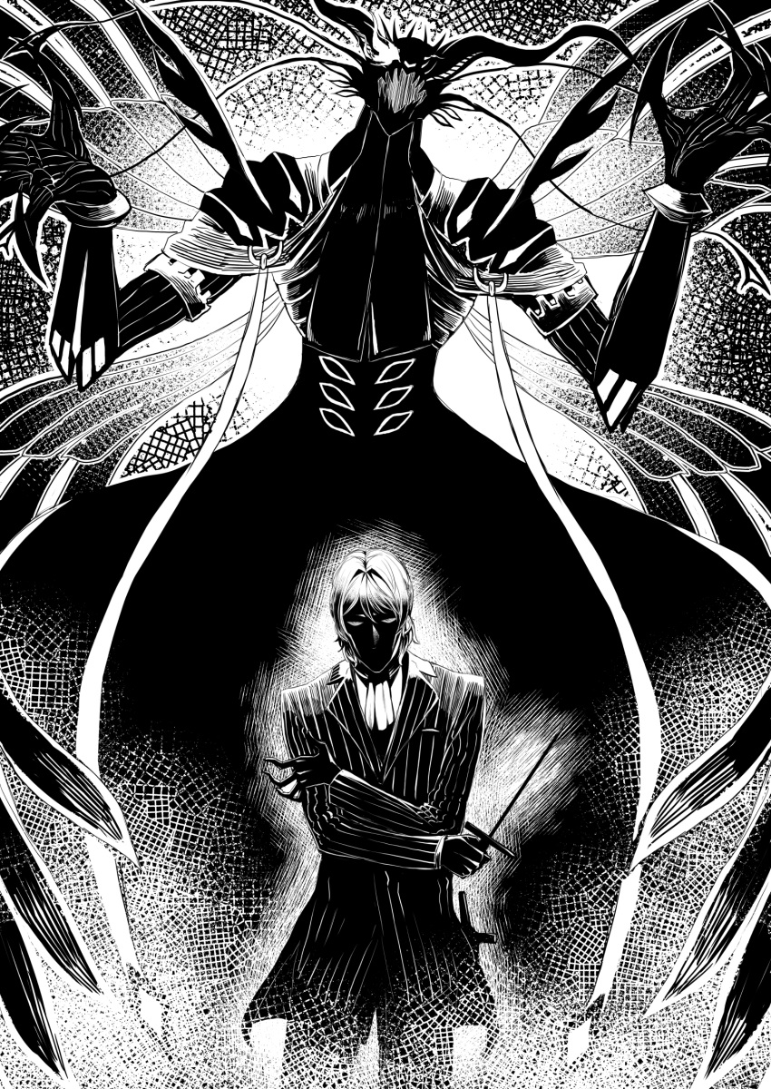 1boy antonio_salieri_(fate/grand_order) claws coat cravat facing_viewer fate/grand_order fate_(series) greyscale highres holding knife long_sleeves male_focus monochrome monster nakamura_regura pants solo standing stiletto striped