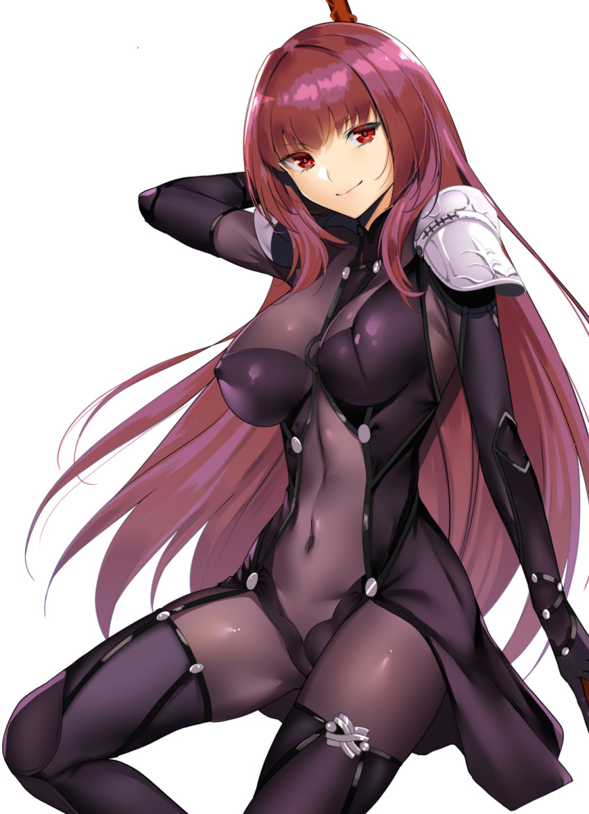 1girl bangs bodysuit boots breasts covered_navel elbow_gloves fate/grand_order fate_(series) gae_bolg gloves highres holding holding_weapon lance large_breasts long_hair looking_at_viewer mature navel parted_lips polearm purple_bodysuit purple_gloves purple_hair purple_legwear red_eyes scathach_(fate/grand_order) simple_background solo standing standing_on_one_leg thigh-highs tomohiro_kai weapon white_background