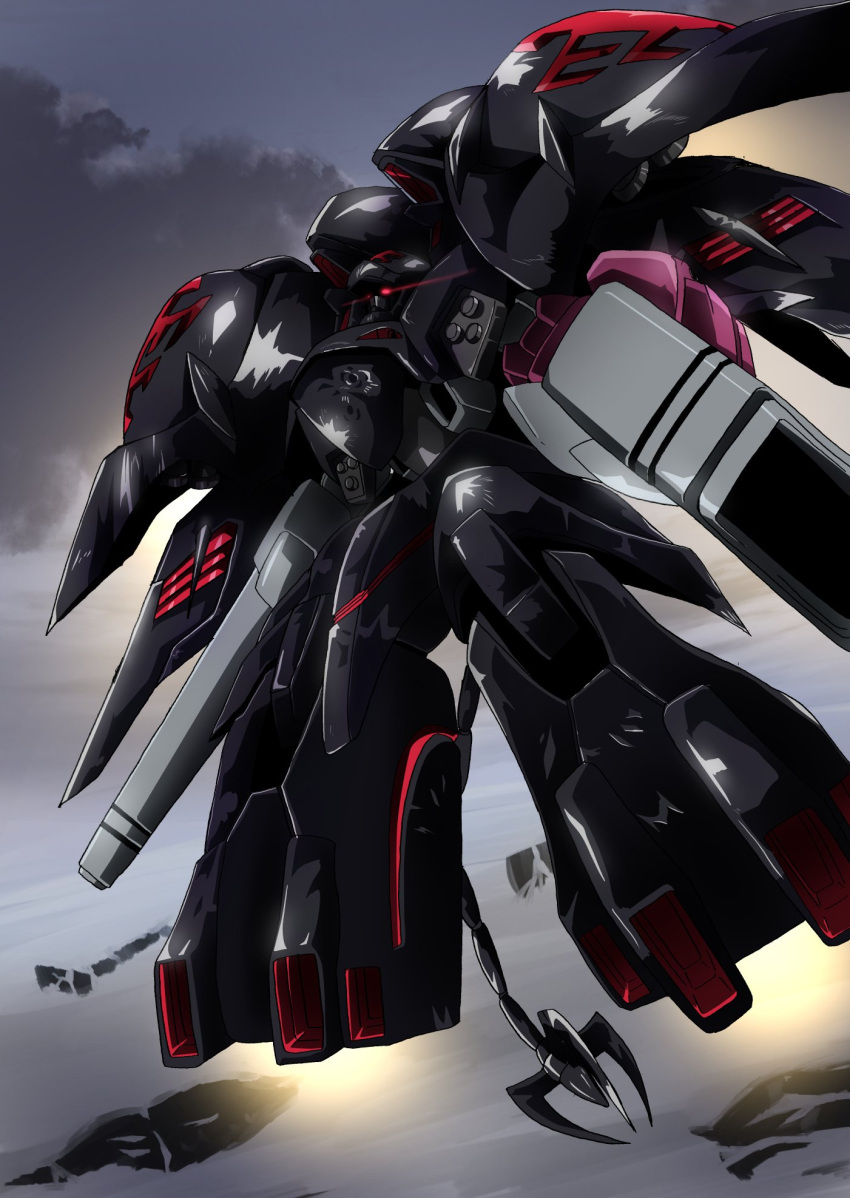 black_selena clouds cloudy_sky commentary_request from_below glowing glowing_eyes highres kidou_senkan_nadesico kidou_senkan_nadesico_-_prince_of_darkness mecha no_humans red_eyes sky solo tyuuboutyauyo weapon