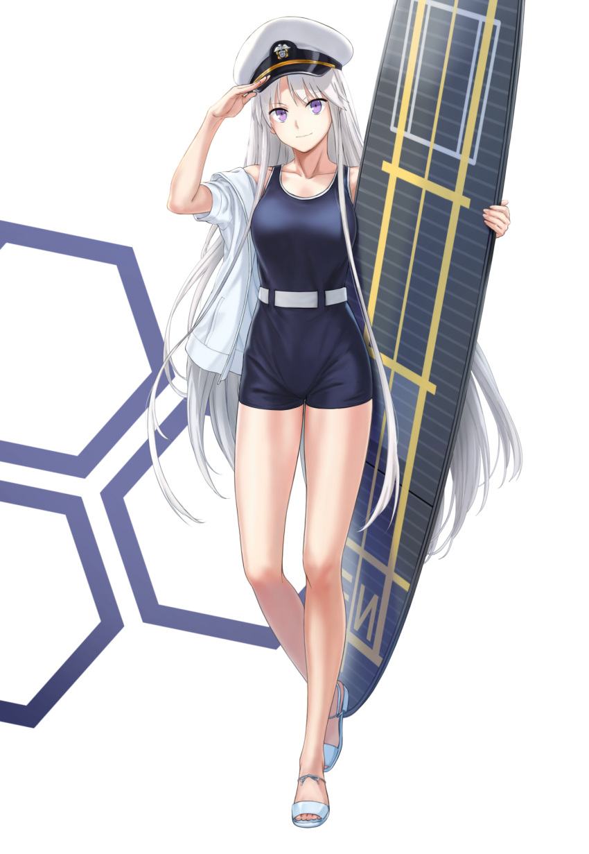 1girl azur_lane breasts commentary_request enterprise_(azur_lane) flight_deck hat head_tilt highres large_breasts light_smile long_hair one-piece_swimsuit peaked_cap salute sandals silver_hair solo surfboard swimsuit tuchinokoeffect very_long_hair violet_eyes