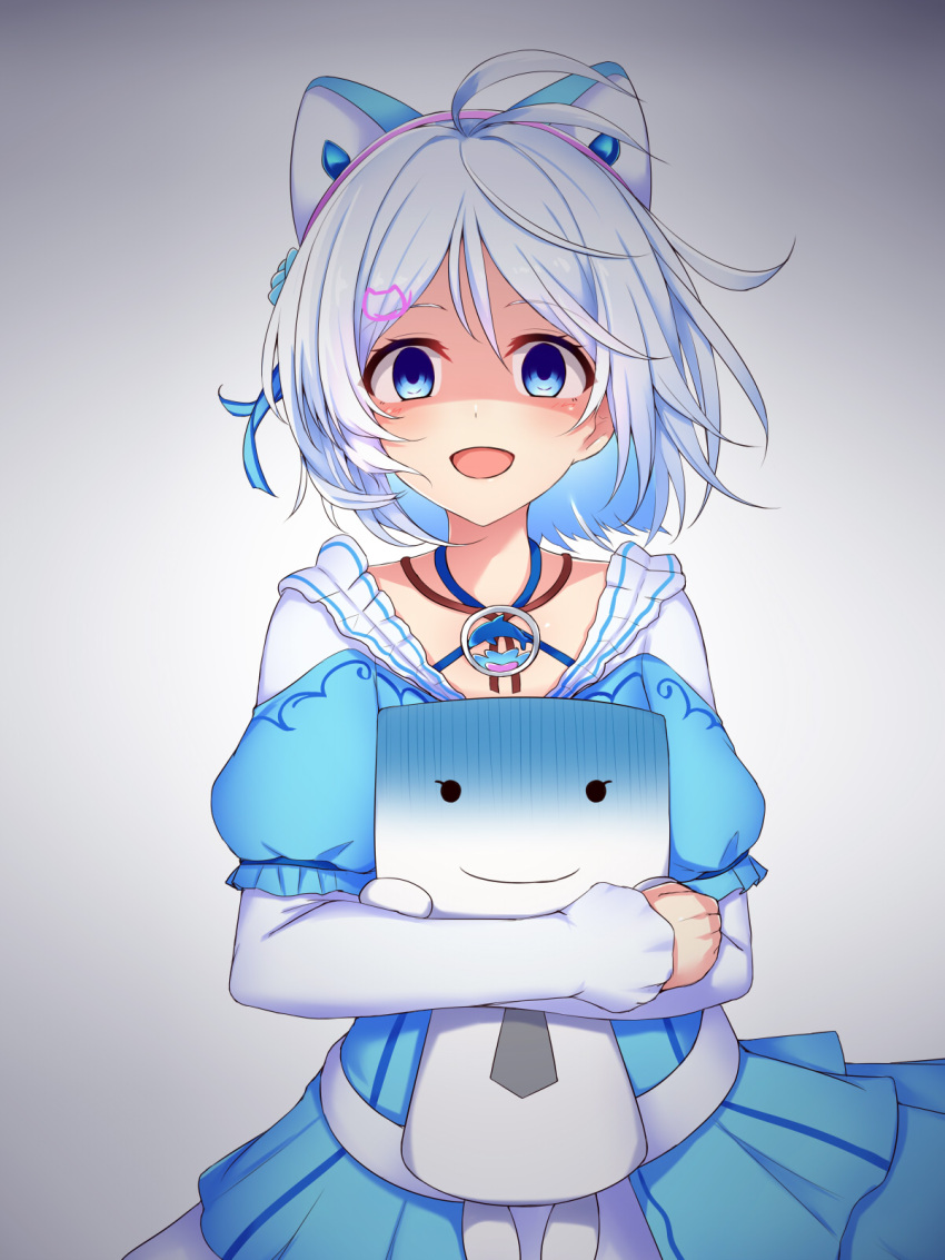 1girl animal_ears antenna_hair bangs blue_dress blue_eyes blurry blurry_background blush cat_ears closed_mouth dennou_shoujo_youtuber_shiro depth_of_field dress etan14 eyebrows_visible_through_hair fake_animal_ears hair_between_eyes hair_ornament highres long_sleeves looking_at_viewer object_hug petals puffy_short_sleeves puffy_sleeves shaded_face shiro_(dennou_shoujo_youtuber_shiro) short_over_long_sleeves short_sleeves silver_hair simple_background solid_circle_eyes solo turn_pale virtual_youtuber white_background