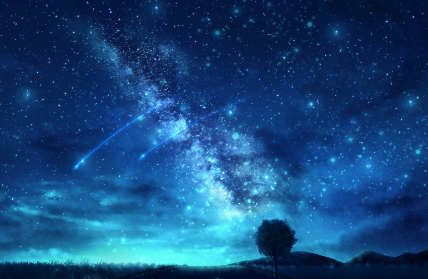 blue_sky commentary_request czy_(2894456992) galaxy highres milky_way night night_sky no_humans original outdoors scenery shooting_star sky star_(sky) starry_sky tree