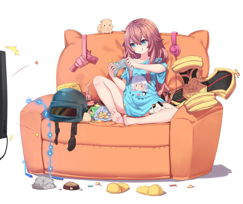 &gt;:) 1girl :q barefoot benghuai_xueyuan blue_eyes brown_hair chips cola controller copyright_request couch drinking_straw food game_controller gun hair_between_eyes hamster headphones helmet highres jump_rope long_hair monitor naked_shirt neps-l playerunknown's_battlegrounds playing_games potato_chips shirt slippers soles t-shirt tagme tongue tongue_out weapon