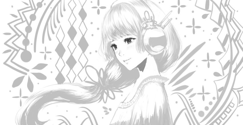 1girl bangs blush dress floating_hair from_side greyscale headphones long_hair monochrome original ponytail sakimori_(hououbds) smile solo upper_body very_long_hair