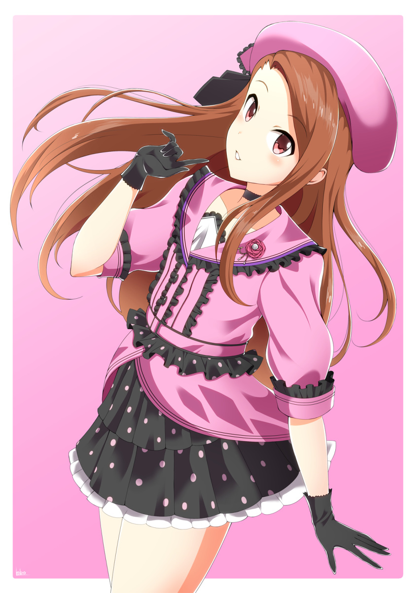 1girl black_gloves black_skirt brown_eyes brown_hair choker collarbone cowboy_shot eyebrows_visible_through_hair floating_hair gloves hat highres idolmaster idolmaster_million_live! idolmaster_million_live!_theater_days index_finger_raised layered_skirt long_hair minase_iori ookami_maito parted_lips pink_background pink_hat pleated_skirt polka_dot_skirt skirt smile solo standing very_long_hair