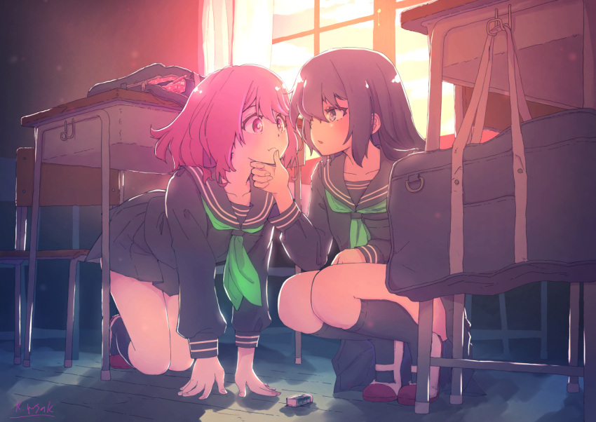 2girls bag bangs black_legwear black_serafuku black_skirt desk eraser evening green_neckwear hair_over_one_eye hand_on_another's_face kagawa_yuusaku kneeling long_hair looking_at_another multiple_girls open_mouth original pencil_case pink_hair pleated_skirt purple_hair school_bag school_desk school_uniform serafuku short_hair skirt squatting surprised white_footwear window yuri