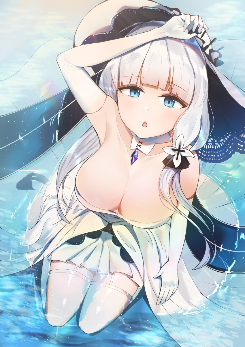 1girl absurdres azur_lane bangs blue_eyes blush breasts cleavage collarbone dress elbow_gloves eyebrows_visible_through_hair gloves hair_ornament hand_on_head hat highres illustrious_(azur_lane) in_water jewelry lace-trimmed_hat large_breasts light_particles long_hair looking_at_viewer low_twintails mole mole_under_eye open_mouth pendant ripples sapphire_(stone) seiza sitting skindentation smile solo sun_hat tareme thigh-highs thighs tsukiusa twintails white_dress white_gloves white_hair white_hat white_legwear