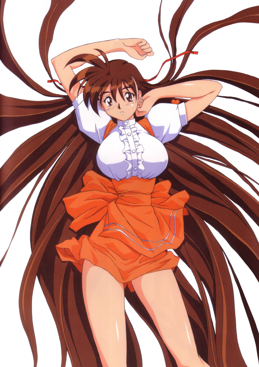 1girl absurdres anna_miller arms_up breasts brown_eyes brown_hair hair_ribbon highres kimura_takahiro large_breasts long_hair orange_skirt parted_lips puffy_sleeves ribbon scan short_sleeves simple_background skirt solo takeuchi_yuka underbust variable_geo very_long_hair waitress