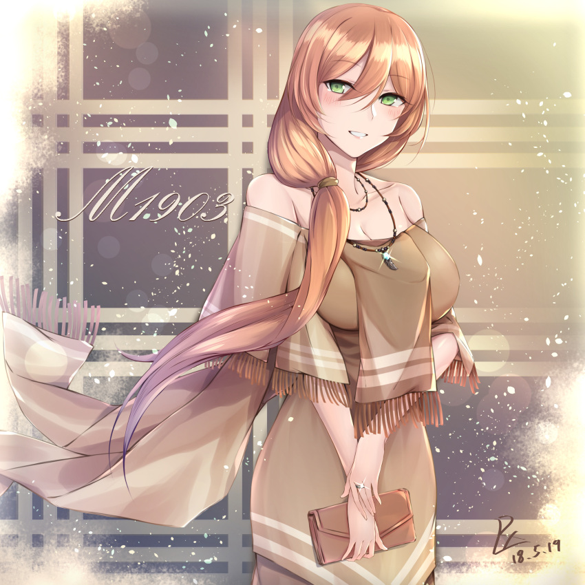 1girl alternate_costume alternate_hairstyle bag bangs blush breasts brown_hair casual character_name cleavage collarbone dated dress eyebrows_visible_through_hair floating_hair girls_frontline gloves green_eyes hair_between_eyes hair_over_shoulder hair_ribbon hair_tie handbag highres holding_purse jewelry large_breasts long_hair looking_at_viewer m1903_springfield_(girls_frontline) necklace parted_lips ribbon ring scarf sidelocks signature skirt smile solo sparkle wedding_band wind wind_lift zhishi_ge_fangzhang