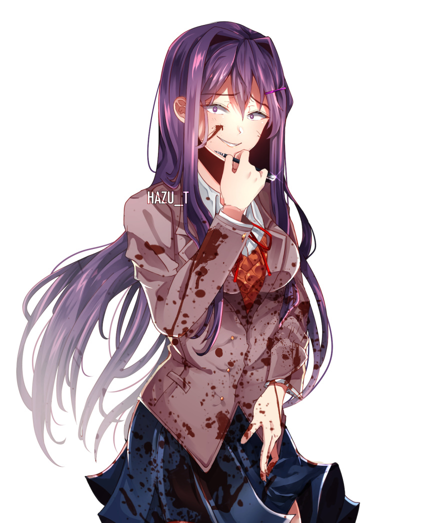 1girl artist_name blood blood_on_face blood_splatter bloody_clothes blue_skirt constricted_pupils crazy_eyes crazy_smile doki_doki_literature_club eyebrows_visible_through_hair grin hair_between_eyes hair_ornament hairclip hazu_t highres long_hair looking_at_viewer pen pleated_skirt purple_hair school_uniform simple_background skirt smile solo very_long_hair violet_eyes white_background yuri_(doki_doki_literature_club)