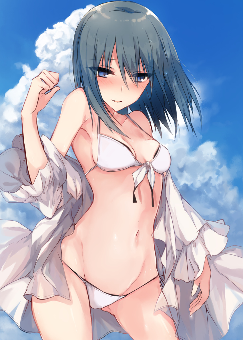 1girl bikini blue_eyes blue_sky breasts clouds commentary_request cowboy_shot day dress_shirt front-tie_top grey_hair highres kinona lowleg lowleg_bikini navel open_clothes open_shirt original outdoors shirt short_hair sky small_breasts solo swimsuit white_bikini