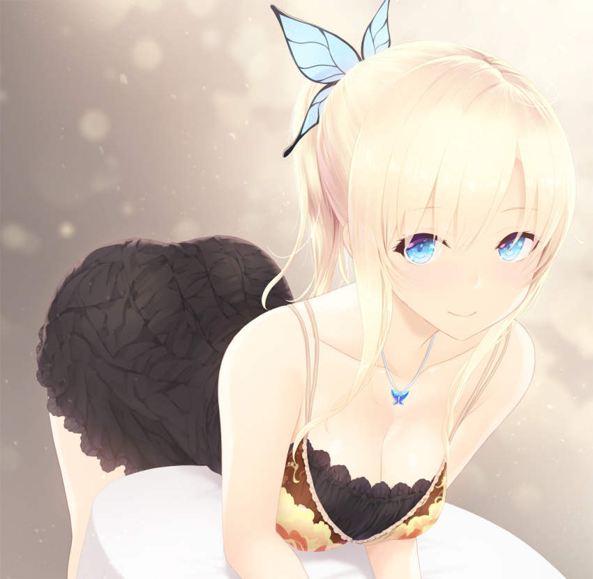 1girl alternate_hairstyle bent_over blonde_hair blue_eyes boku_wa_tomodachi_ga_sukunai breasts butterfly_hair_ornament cait cleavage closed_mouth dress hair_ornament highres kashiwazaki_sena large_breasts long_hair looking_at_viewer necktie ponytail short_dress sidelocks simple_background smile solo