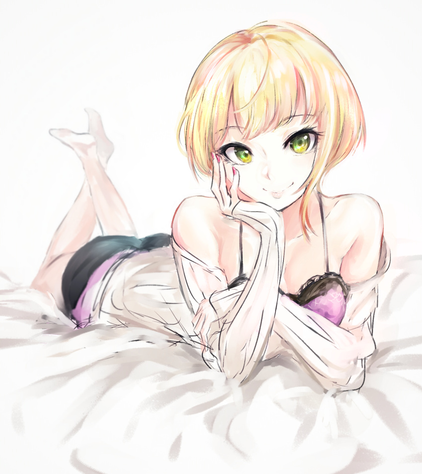 1girl barefoot bed_sheet blonde_hair camisole chin_rest closed_mouth green_eyes highres hometa idolmaster idolmaster_cinderella_girls long_sleeves looking_at_viewer lying miyamoto_frederica off_shoulder on_bed on_stomach ribbed_sweater short_hair smile solo sweater the_pose white_sweater
