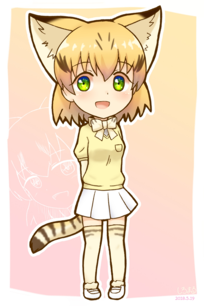 1girl :d adapted_costume animal_ears arms_behind_back blonde_hair bow bowtie cat_ears cat_tail chibi commentary_request cosplay extra_ears fennec_(kemono_friends) fennec_(kemono_friends)_(cosplay) full_body green_eyes highres kemono_friends looking_at_viewer open_mouth outline pink_background pleated_skirt sand_cat_(kemono_friends) shiraha_maru short_hair short_sleeves simple_background skirt smile solo striped_tail tail thigh-highs white_outline white_skirt