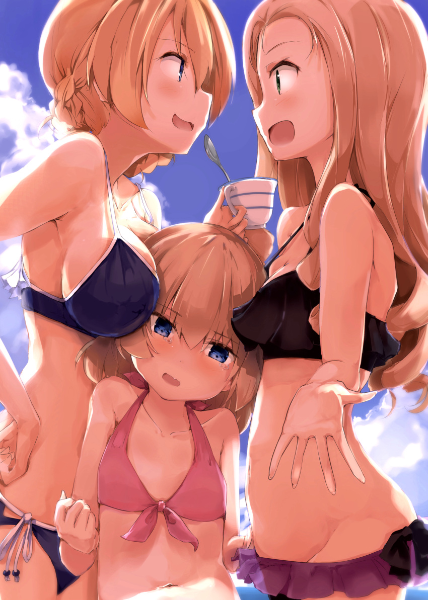 3girls :d absurdres bangs bikini blonde_hair blue_bikini blue_eyes blue_sky blush braid breast_envy breasts clouds cloudy_sky collarbone cup darjeeling day eyebrows_visible_through_hair flat_chest from_side front-tie_top girl_sandwich girls_und_panzer green_eyes groin height_difference highres holding holding_cup katyusha large_breasts light_brown_hair lowleg lowleg_bikini marie_(girls_und_panzer) medium_hair multiple_girls navel open_mouth outdoors outstretched_hand parted_bangs profile sandwiched short_hair shuiro_(frog-16) side-tie_bikini sky small_breasts smile swimsuit teacup tears