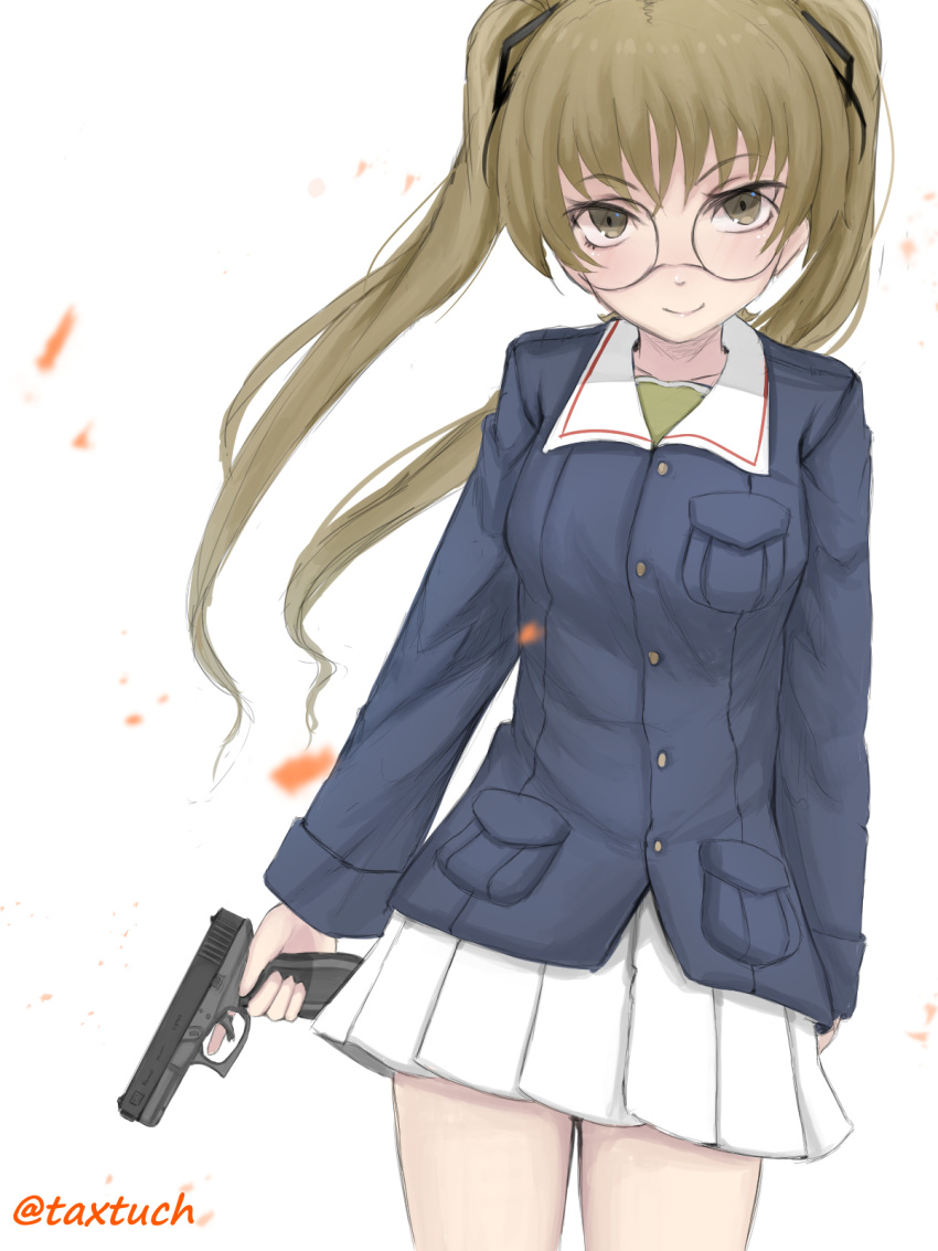 1girl bangs black_ribbon blue_jacket blurry brown_eyes brown_hair closed_mouth commentary cowboy_shot depth_of_field eyebrows_visible_through_hair girls_und_panzer glasses green_shirt gun hair_ribbon handgun highres holding holding_gun holding_weapon jacket long_hair long_sleeves looking_at_viewer military military_uniform miniskirt ooarai_military_uniform oono_aya pleated_skirt ribbon round_eyewear shirt skirt smile solo standing tacch trigger_discipline twintails twitter_username uniform weapon white_skirt wind