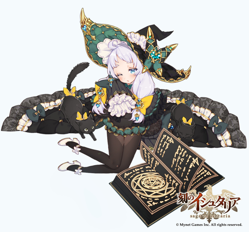 1girl ;o age_of_ishtaria black_bow black_cat black_dress black_hair black_legwear blue_background blue_eyes book bow cat chestnut_mouth copyright_name dress frilled_sleeves frills full_body hair_bow hair_ornament hat long_hair long_sleeves low-tied_long_hair moriko06 official_art one_eye_closed open_book pantyhose shoes silver_hair simple_background thick_eyebrows white_footwear witch_hat yellow_bow