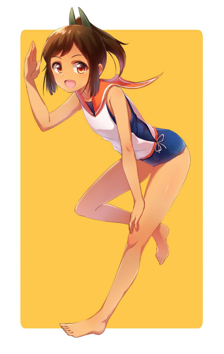 1girl :d barefoot blue_swimsuit brown_hair full_body hand_on_own_knee highres i-401_(kantai_collection) kantai_collection looking_at_viewer minowa_sukyaru one_leg_raised open_mouth orange_eyes ponytail school_swimsuit shiny shiny_skin shirt sleeveless sleeveless_shirt smile solo standing standing_on_one_leg swimsuit tan white_shirt