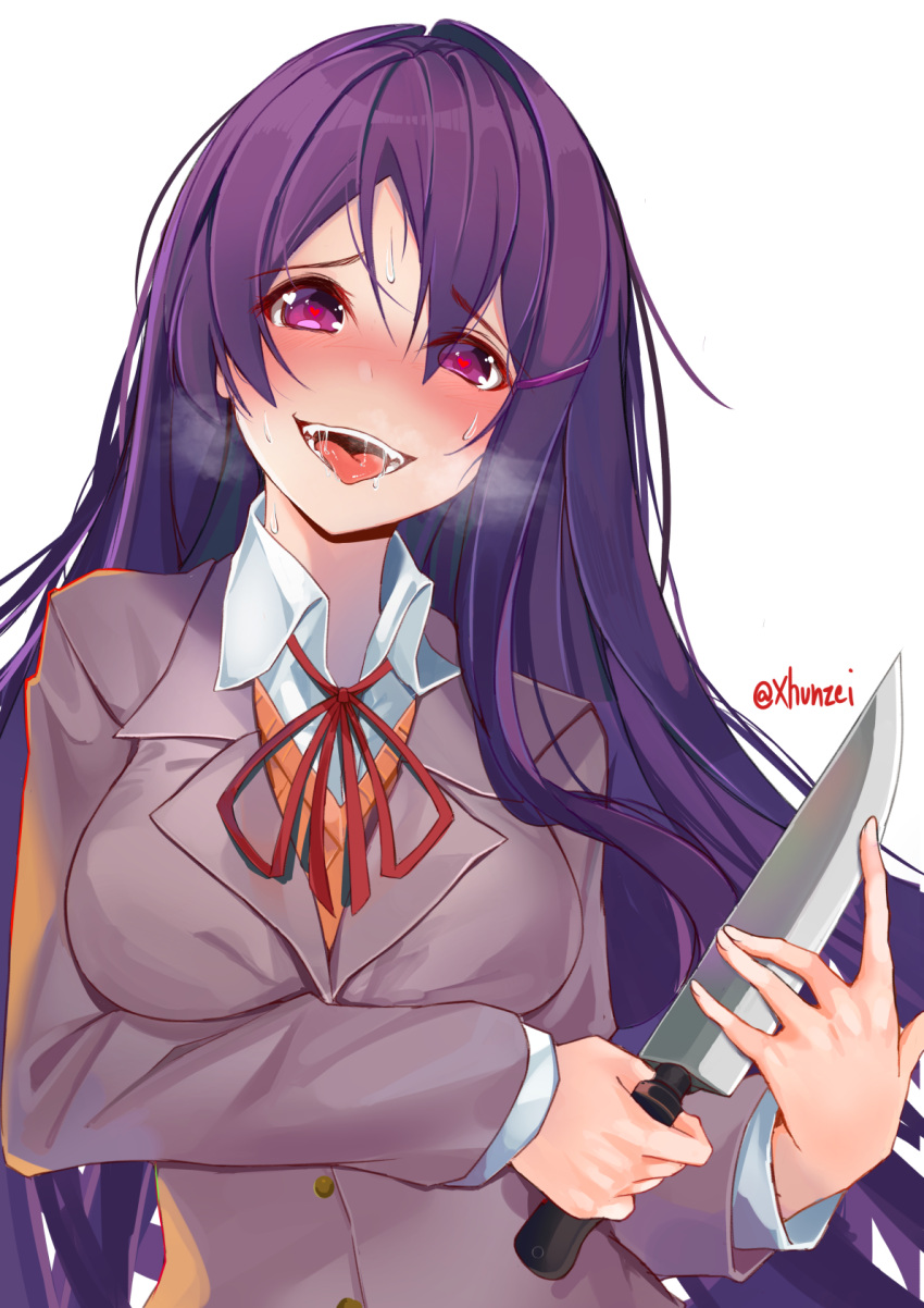 1girl :d blush breath commentary doki_doki_literature_club english_commentary eyebrows_visible_through_hair eyes_visible_through_hair fangs hair_between_eyes hair_ornament hairclip heart heart-shaped_pupils heavy_breathing highres holding holding_knife knife long_hair looking_at_viewer nose_blush open_mouth purple_hair saliva school_uniform simple_background smile solo sweat sweating_profusely symbol-shaped_pupils teeth tongue tongue_out twitter_username upper_body violet_eyes white_background xhunzei yandere yuri_(doki_doki_literature_club)