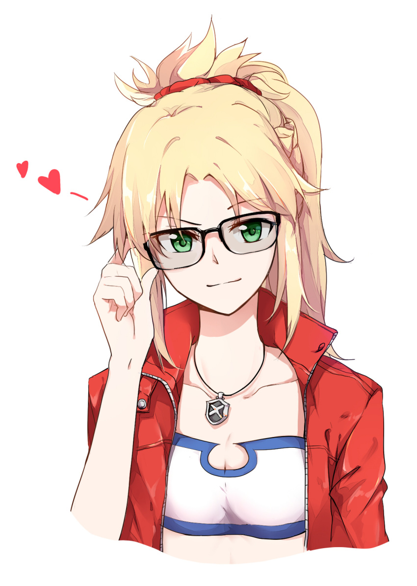 1girl adjusting_eyewear bespectacled black-framed_eyewear blonde_hair breasts cleavage fate/apocrypha fate_(series) gemi_25 glasses green_eyes hair_ornament hair_scrunchie head_tilt heart highres jacket jewelry looking_at_viewer medium_hair mordred_(fate) mordred_(fate)_(all) necklace open_clothes open_jacket ponytail red_jacket scrunchie small_breasts solo spiky_hair