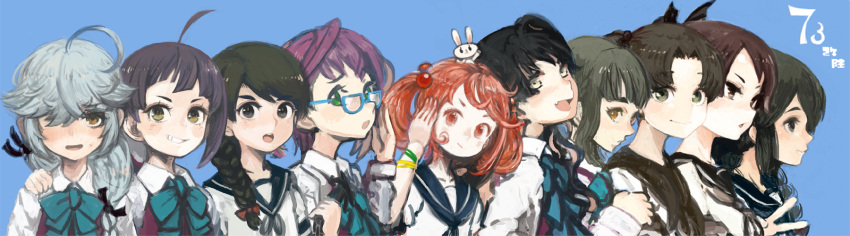 6+girls :d :o ahoge animal animal_on_head ayanami_(kantai_collection) black_hair blue-framed_eyewear blue_background bow bowtie braid brown_eyes brown_hair bunny_on_head commentary fang fujinami_(kantai_collection) fujinozu glasses green_eyes green_hair grey_hair grin hair_bobbles hair_ornament hair_over_one_eye hamanami_(kantai_collection) hand_on_another's_shoulder highres isonami_(kantai_collection) kantai_collection long_hair looking_at_viewer looking_away multiple_girls naganami_(kantai_collection) okinami_(kantai_collection) on_head open_mouth purple_hair rabbit redhead sailor_collar salute sazanami_(kantai_collection) shikinami_(kantai_collection) simple_background smile takanami_(kantai_collection) trait_connection twintails upper_body uranami_(kantai_collection)