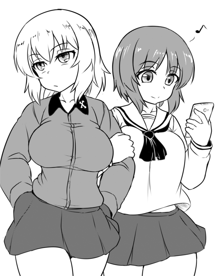 2girls absurdres bangs blouse breasts cellphone closed_mouth couple cowboy_shot dress_shirt eighth_note eyebrows_visible_through_hair frown girls_und_panzer greyscale hands_in_pockets highres holding holding_cellphone holding_phone itsumi_erika kuromorimine_school_uniform large_breasts locked_arms long_hair long_sleeves looking_away miniskirt monochrome multiple_girls musical_note neckerchief nishizumi_miho ooarai_school_uniform phone pleated_skirt school_uniform serafuku shanaharuhi shirt short_hair skirt smartphone smile standing walking yuri