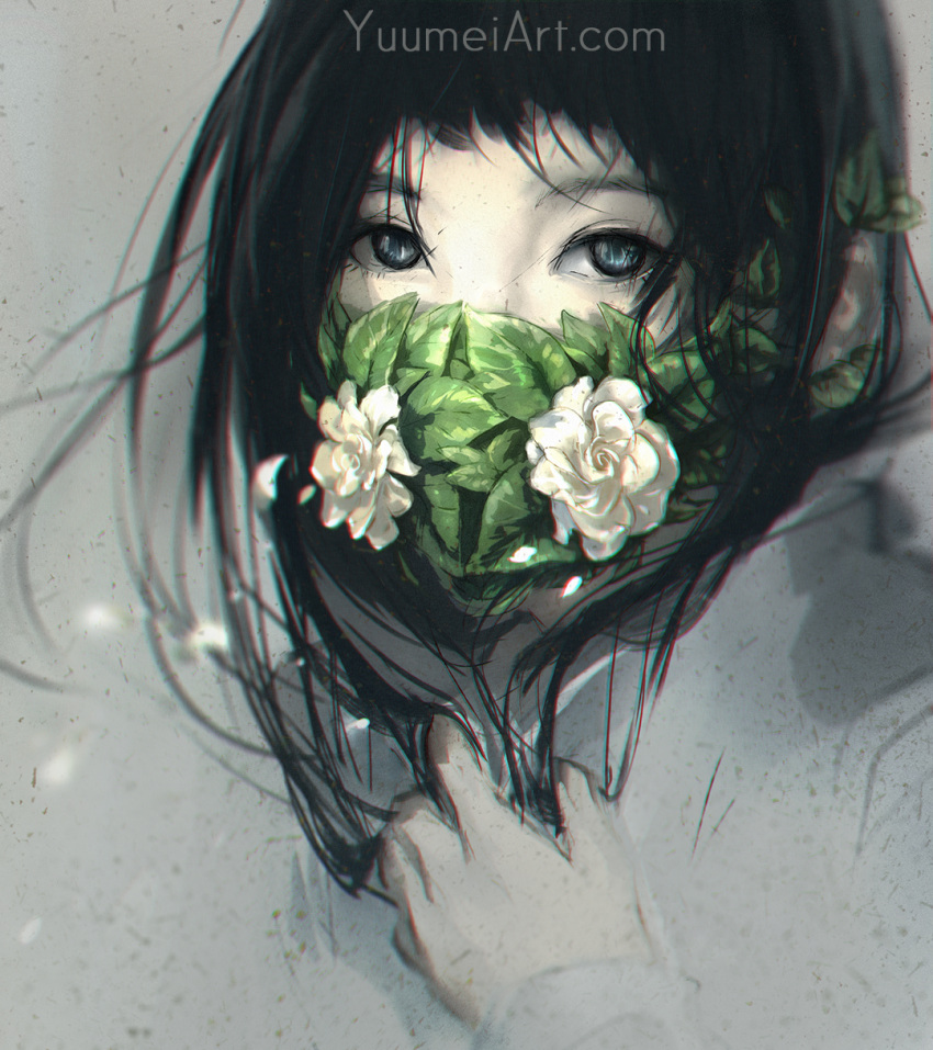 1girl black_hair blue_eyes commentary flower highres leaf long_hair long_sleeves looking_at_viewer mask original portrait solo watermark web_address wenqing_yan