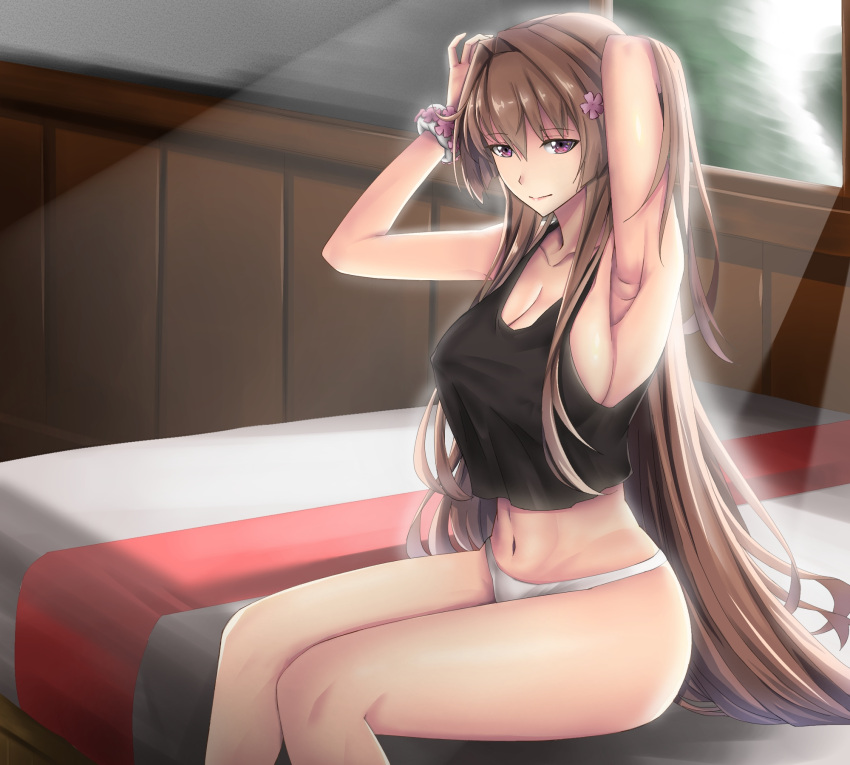 1girl alternate_costume armpits bangs bed blush breasts brown_eyes brown_hair cleavage closed_mouth collarbone covered_nipples crop_top crop_top_overhang day flower groin hair_flower hair_ornament hand_in_hair highres hips indoors kantai_collection large_breasts long_hair looking_at_viewer navel no_bra obei_teitoku on_bed panties ponytail scrunchie sideboob sitting smile solo stomach thighs underwear very_long_hair white_panties window yamato_(kantai_collection)