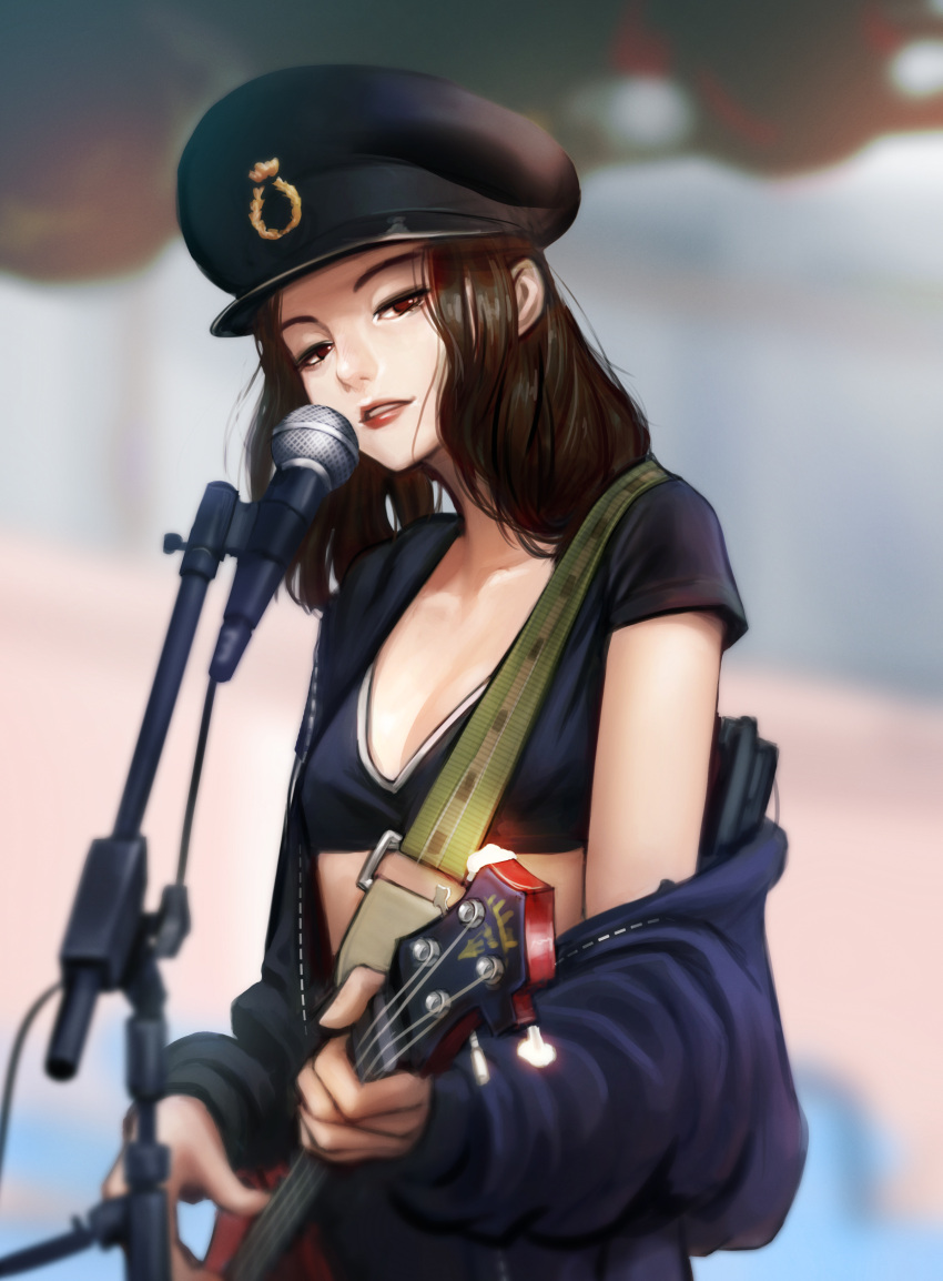 1girl absurdres bass_guitar black_bra black_hat blurry blurry_background bra breasts brown_hair commentary_request copyright_request depth_of_field hat highres holding holding_instrument hood hoodie instrument jungon_kim lipstick long_sleeves looking_at_viewer makeup microphone music off_shoulder parted_lips peaked_cap playing_instrument red_eyes red_lipstick singing small_breasts smile solo standing underwear
