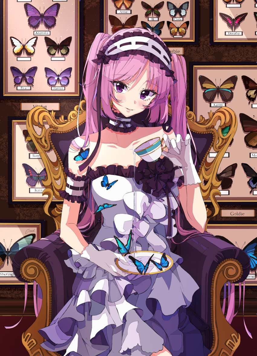 1girl absurdres animal armchair bangs bare_shoulders blush bug butterfly chair choker collarbone commentary_request cup dress eyebrows_visible_through_hair fate/grand_order fate/hollow_ataraxia fate_(series) framed_insect frilled_choker frilled_hairband frills gloves hairband head_tilt highres holding holding_cup indoors insect looking_at_viewer osanai parted_lips pink_hair pouring ribbon-trimmed_choker ribbon-trimmed_hairband ribbon_trim saucer sidelocks signature sitting solo stheno strapless strapless_dress teacup twintails violet_eyes white_choker white_dress white_gloves white_hairband