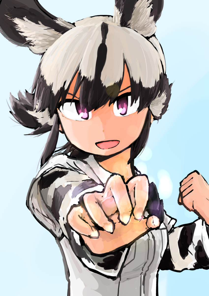 1girl african_wild_dog_(kemono_friends) african_wild_dog_print animal_ears bangs black_hair breast_pocket clenched_hand commentary dog_ears extra_ears fighting_stance grey_hair hair_between_eyes hands_up highres kemono_friends long_sleeves multicolored_hair open_mouth outstretched_arm pink_eyes pocket rumenia_(ao2is) shirt short_hair short_over_long_sleeves short_sleeves smile solo two-tone_background upper_body white_shirt